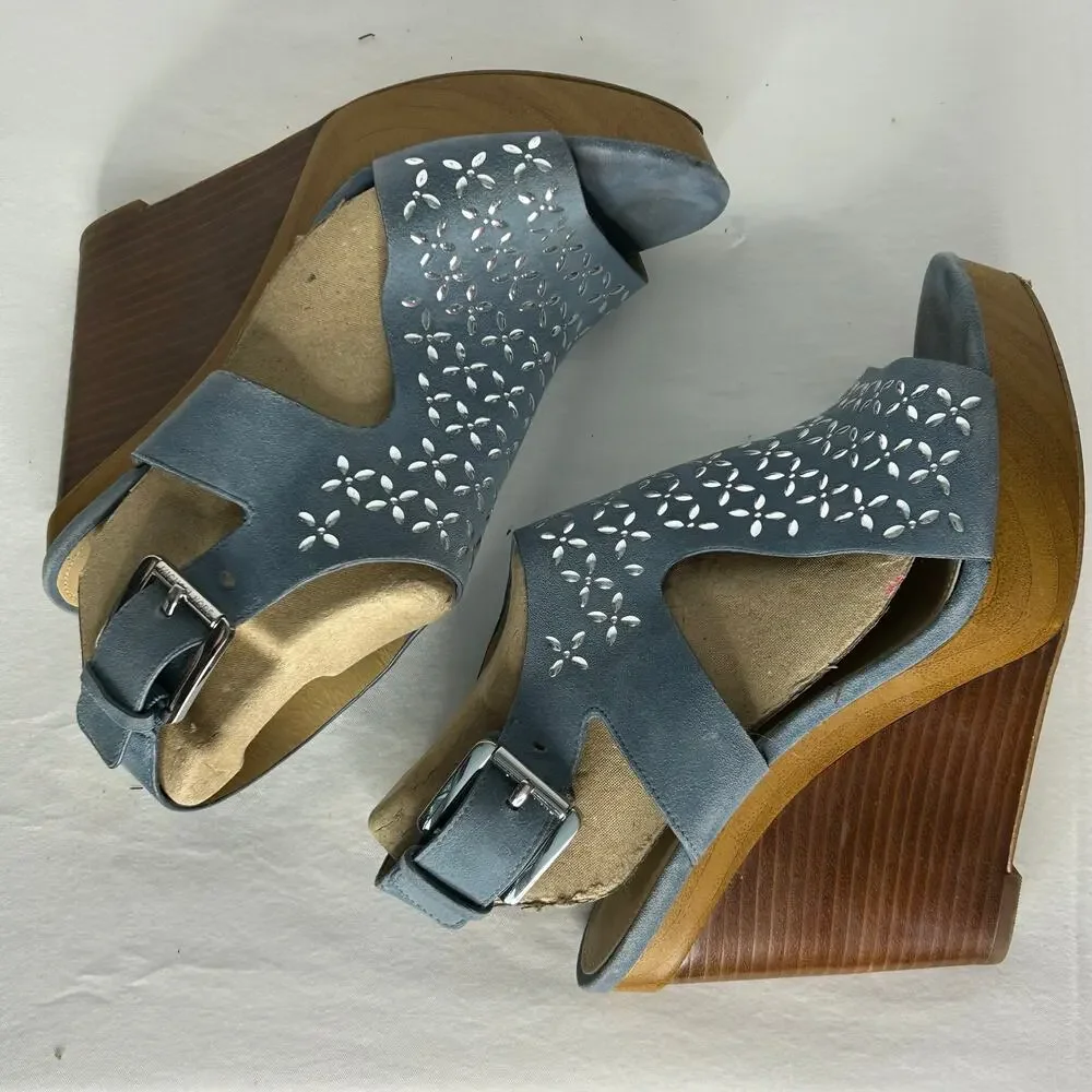 Michael Kors Blue Suede Laser Cut Wedge Sandals Peep Toe Women’s 8.5M